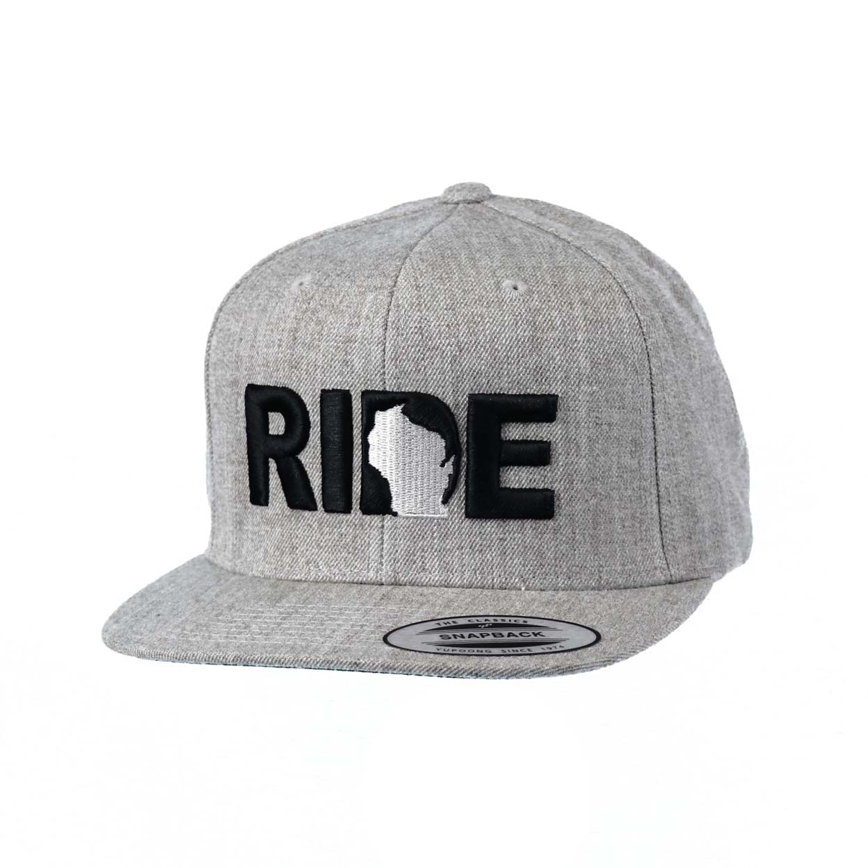 Ride Wisconsin Classic Embroidered  Snapback Flat Brim Hat Heather Gray