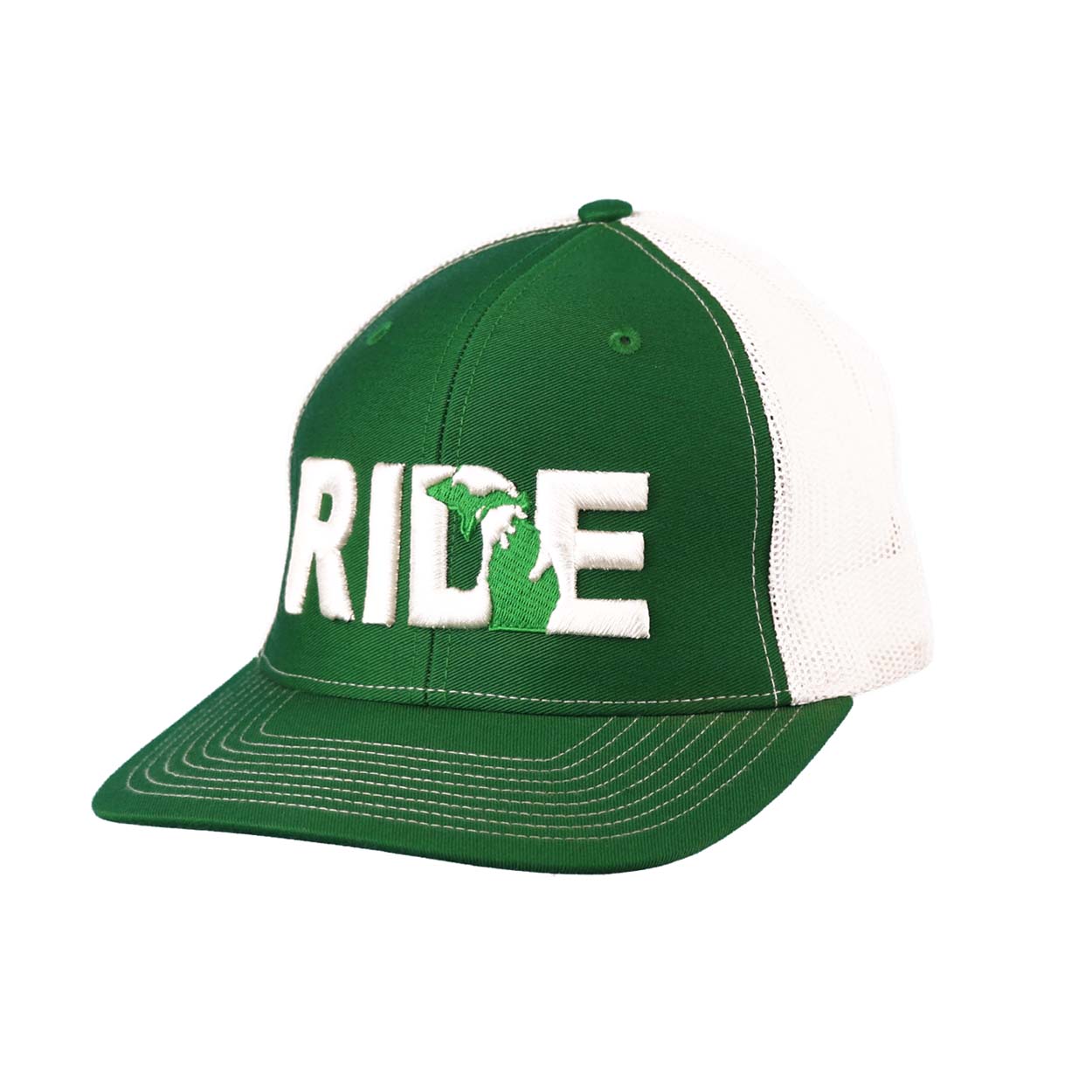 Ride Michigan Classic Pro 3D Puff Embroidered Snapback Trucker Hat Green/White
