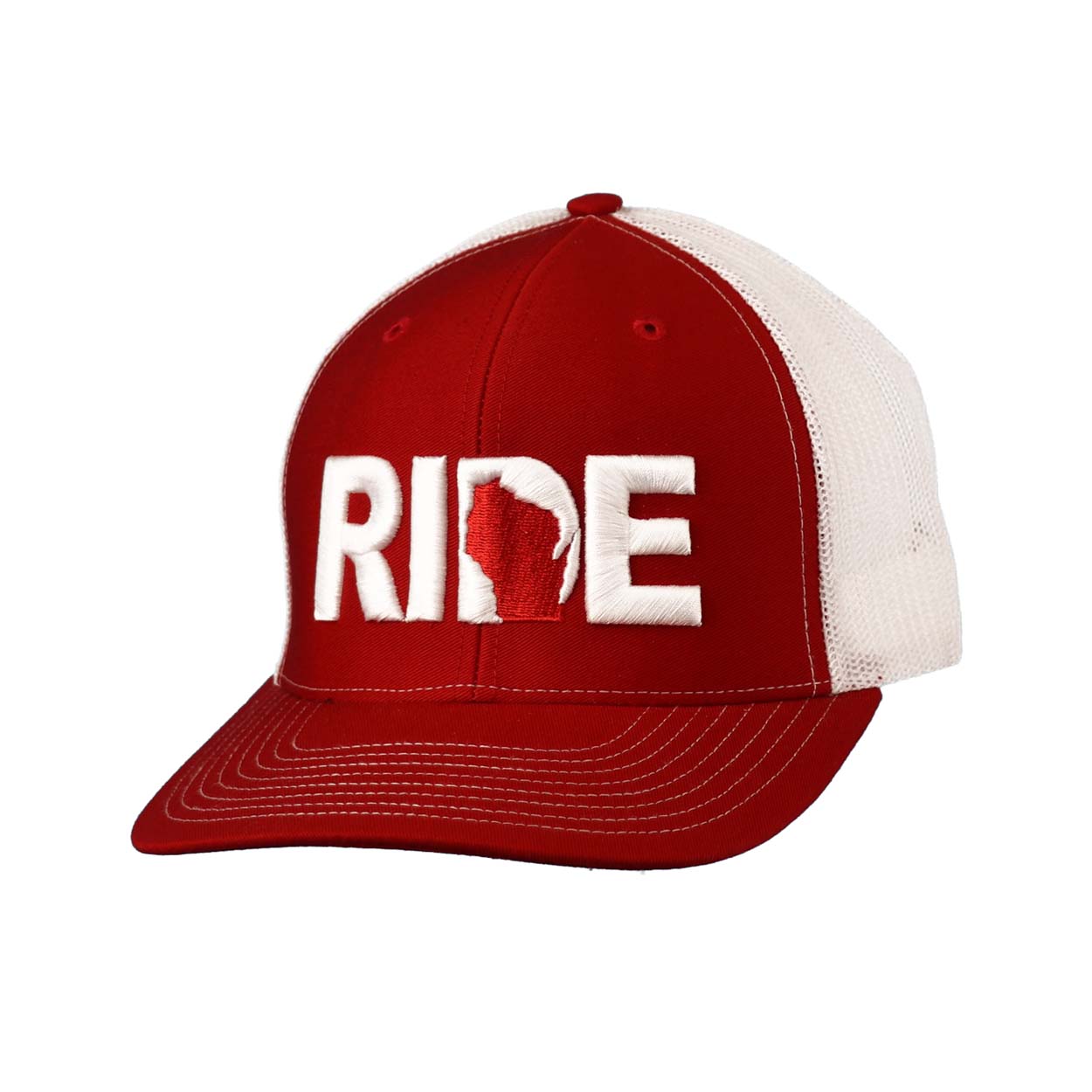Ride Wisconsin Classic Embroidered Snapback Trucker Hat Red/White