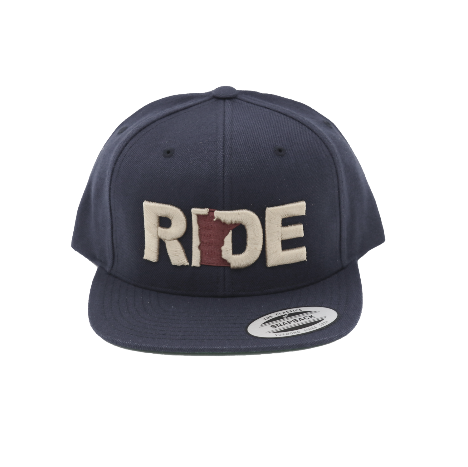Ride Minnesota Classic Embroidered Snapback Flat Brim Hat Navy/Burgundy/Tan