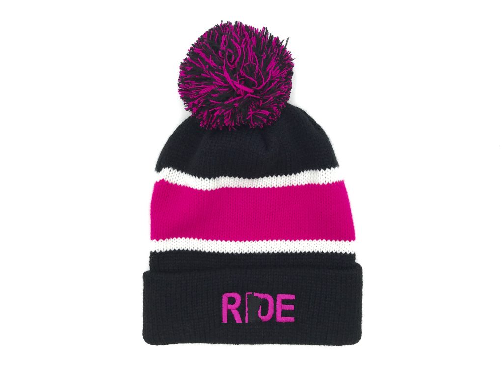 Ride Minnesota Chick Beanie Pom Black and Pink White Stripe