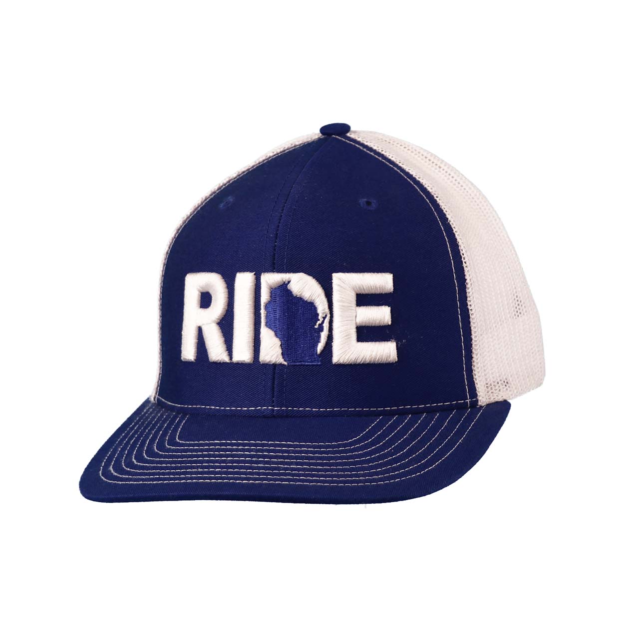 Ride Wisconsin Classic Embroidered Snapback Trucker Hat Blue/White