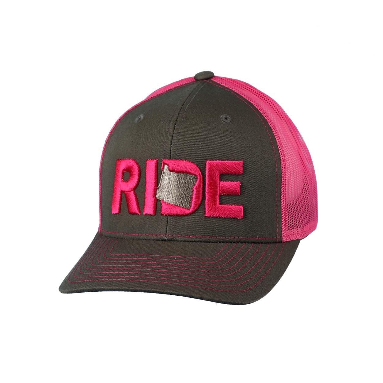 Ride Oregon Classic Embroidered Snapback Trucker Hat Gray/Pink