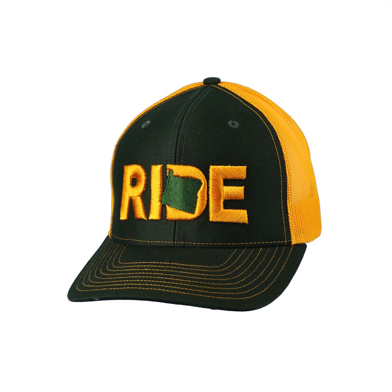 Ride Oregon Classic Embroidered Snapback Trucker Hat Green/Gold