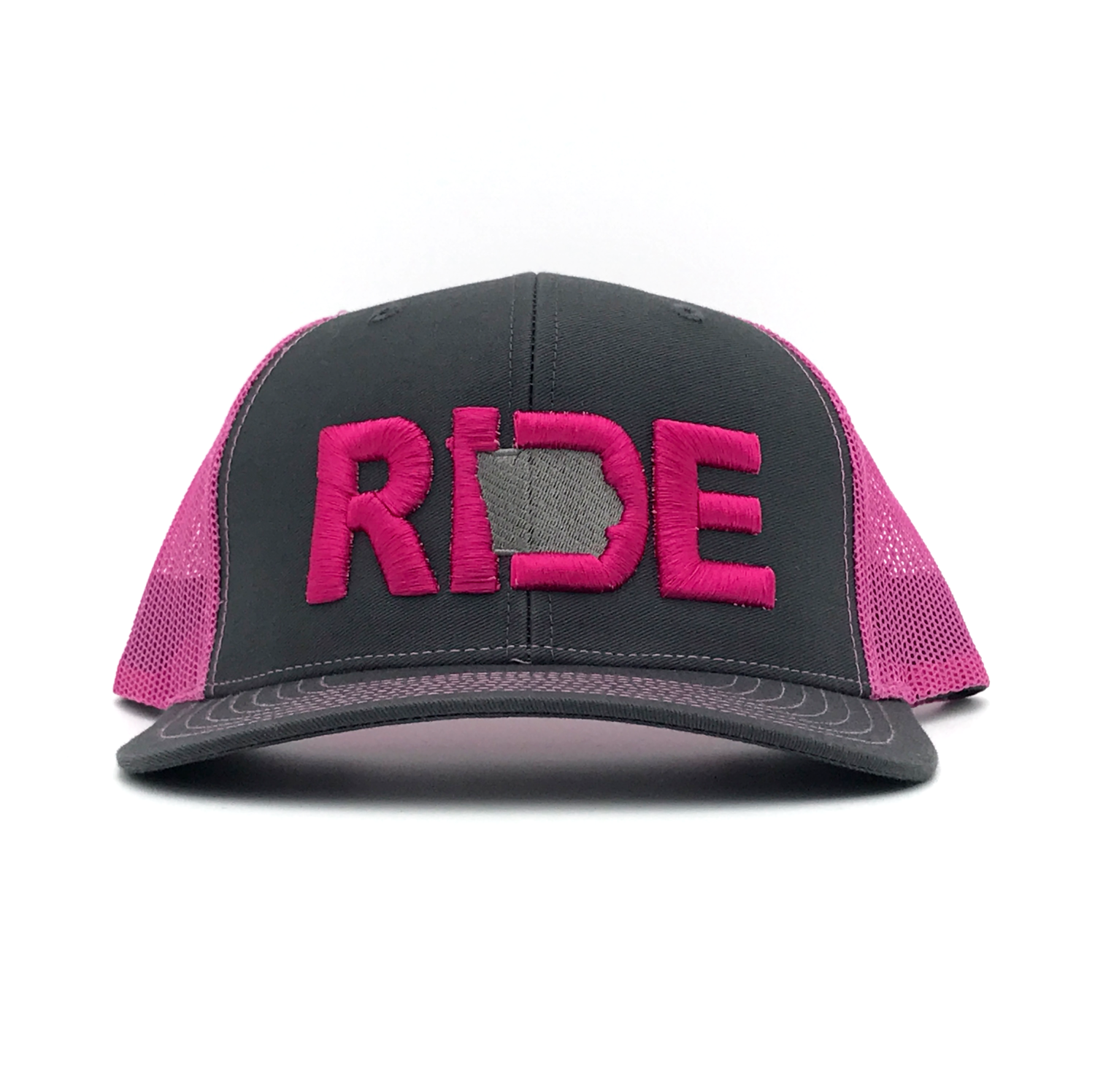 Ride Iowa Classic Embroidered Snapback Trucker Hat Gray/Pink