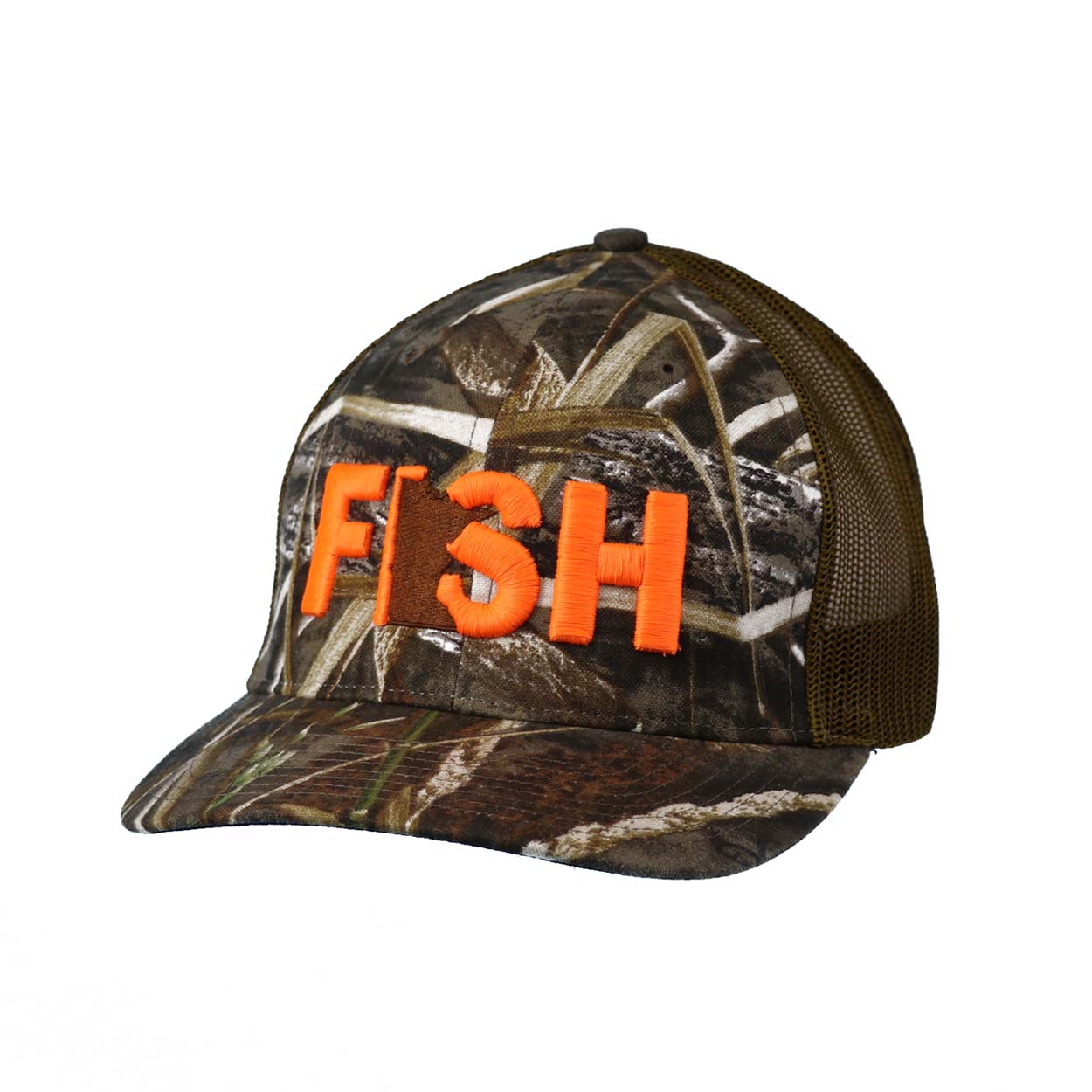 Fish Minnesota Classic Embroidered Snapback Trucker Hat Realtree Camo Brown/Neon Orange