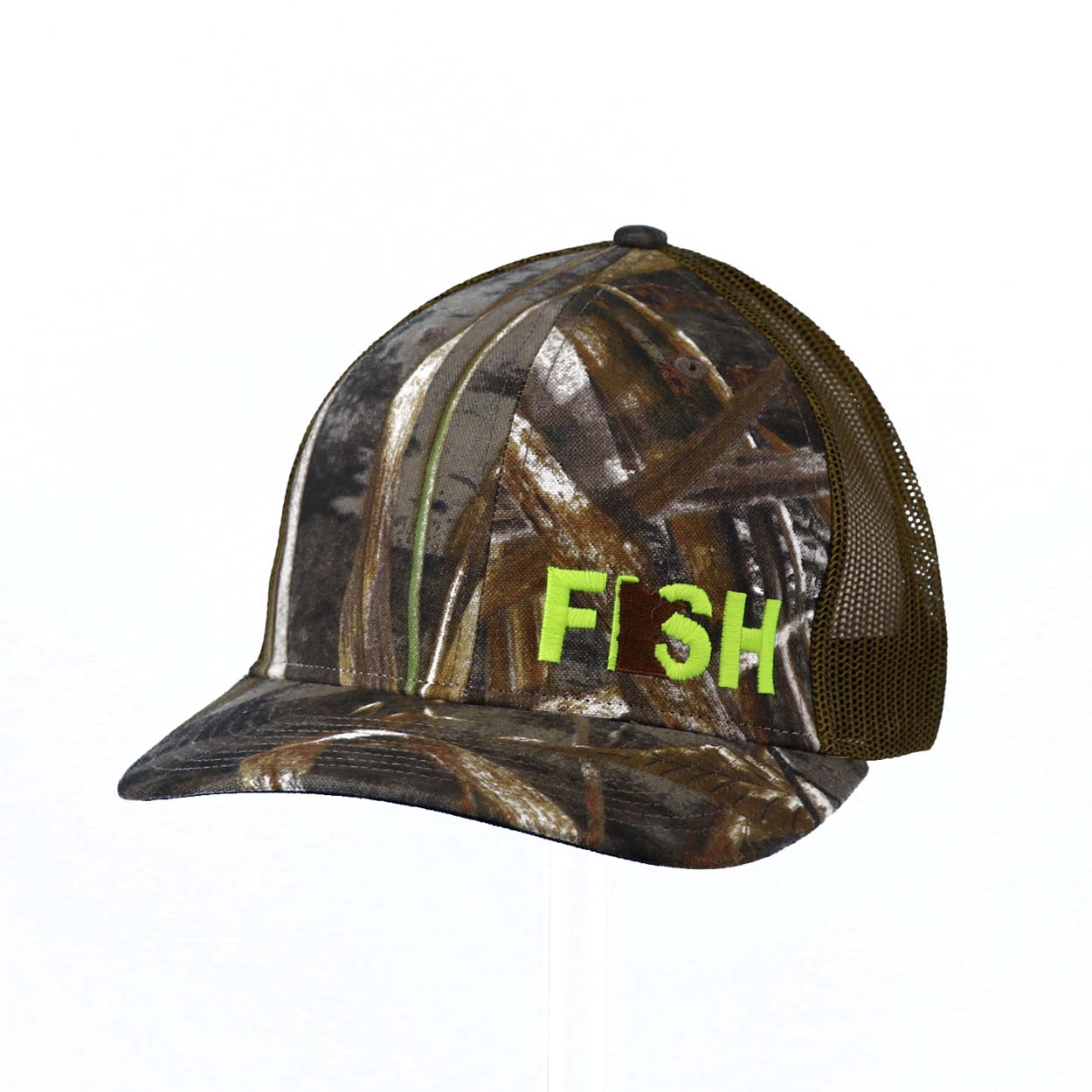 Fish Minnesota Night Out Embroidered Snapback Trucker Hat Realtree Camo Brown/Neon Yellow
