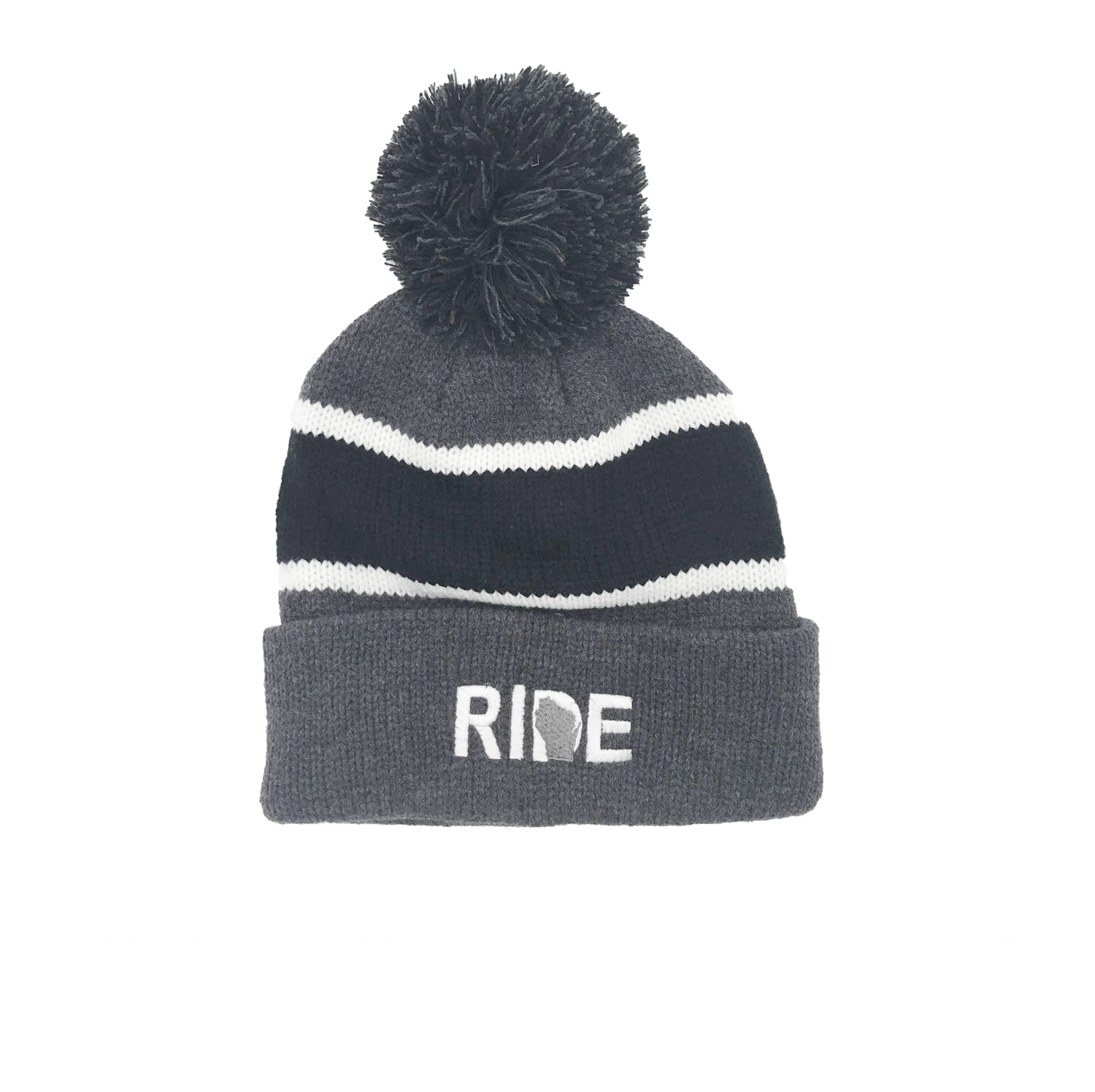 Ride Wisconsin Night Out Embroidered Roll Up Pom Beanie Gray/Black & Silver