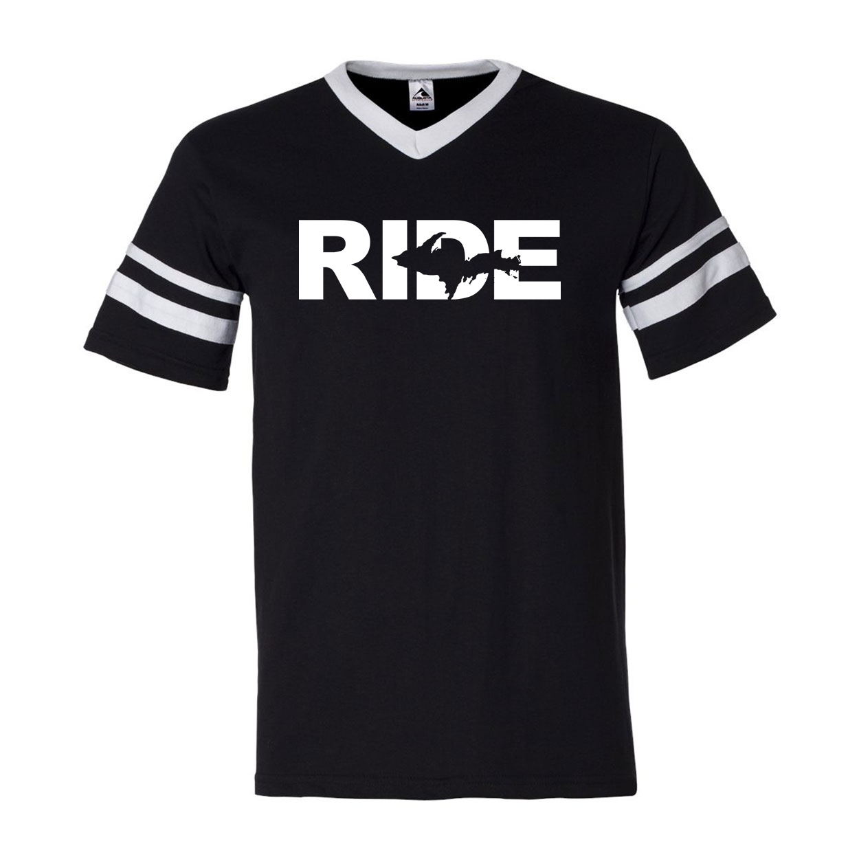 Ride Michigan UP Classic Premium Striped Jersey T-Shirt Black/White (White Logo)