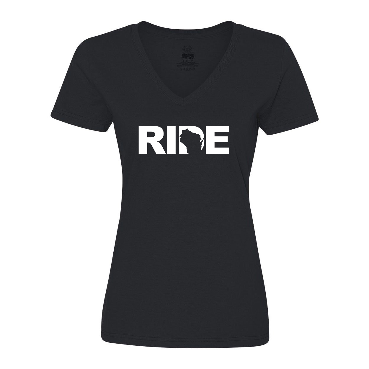 Ride Wisconsin Classic Womens V-Neck Shirt Black (White Logo)