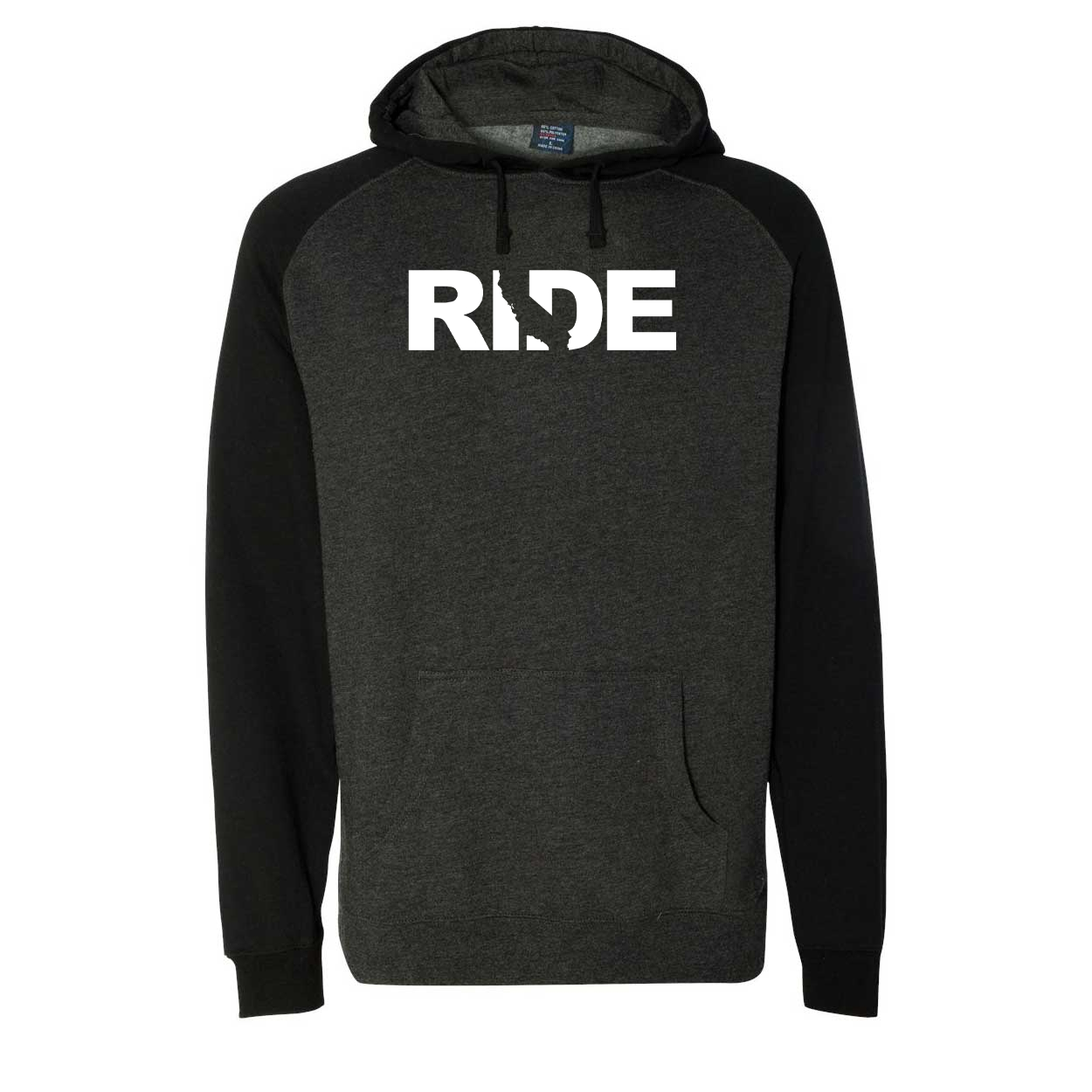 Ride California Classic Raglan Hooded Pullover Sweatshirt Charcoal/Heather Black (White Logo)