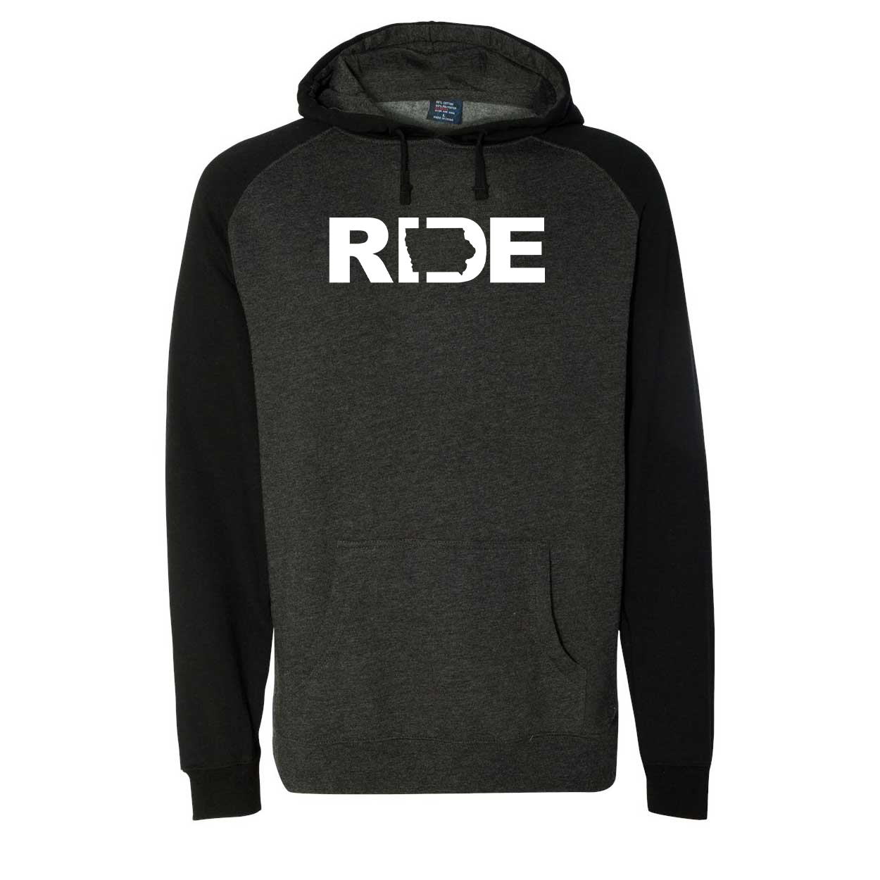 Ride Iowa Classic Raglan Hooded Pullover Sweatshirt Charcoal/Heather Black (White Logo)