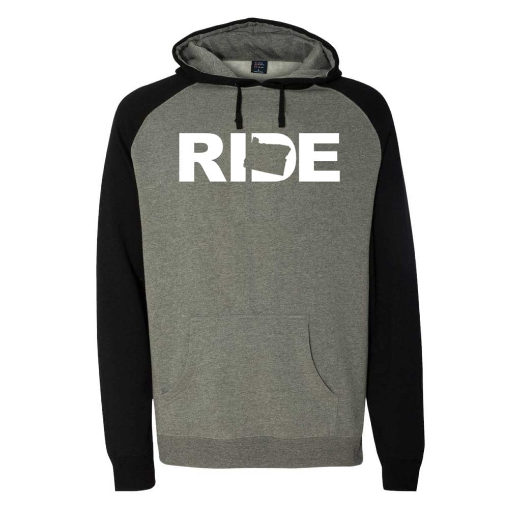 Ride Oregon Classic Raglan Hooded Pullover Sweatshirt Gunmetal/Heather Black (White Logo)