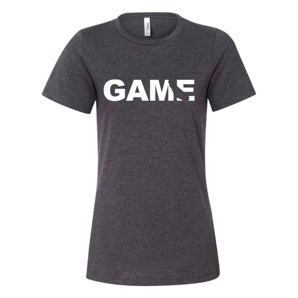 Game California Classic Women's Relaxed Jersey T-Shirt Dark Gray Heather (White Logo)