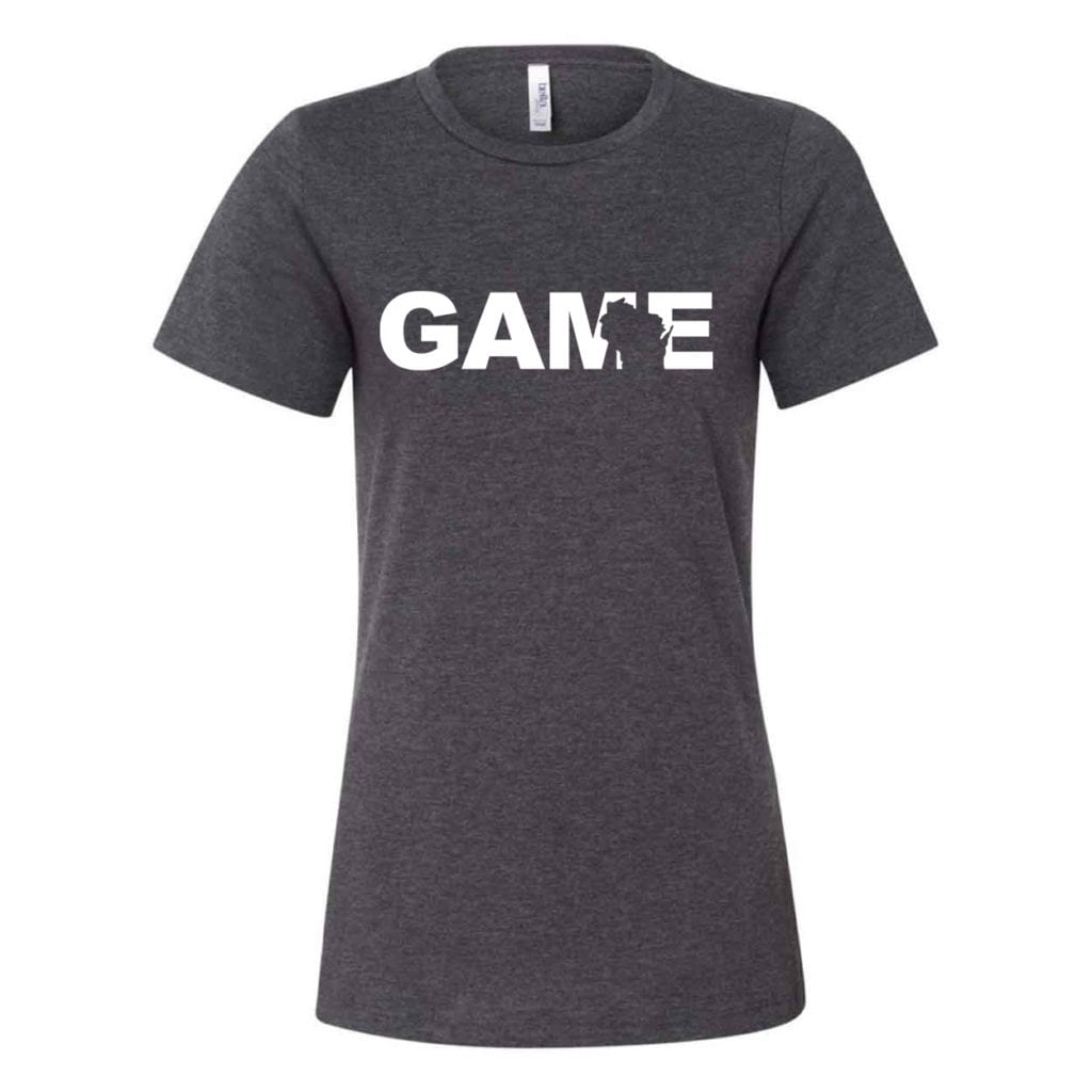 Game Wisconsin Classic Women's Relaxed Jersey T-Shirt Dark Gray Heather (White Logo)