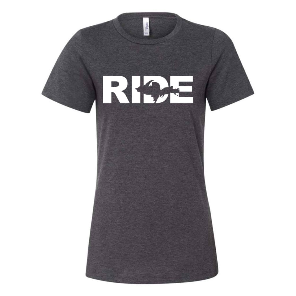 Ride Michigan UP Classic Women's Relaxed Jersey T-Shirt Dark Gray Heather (White Logo)