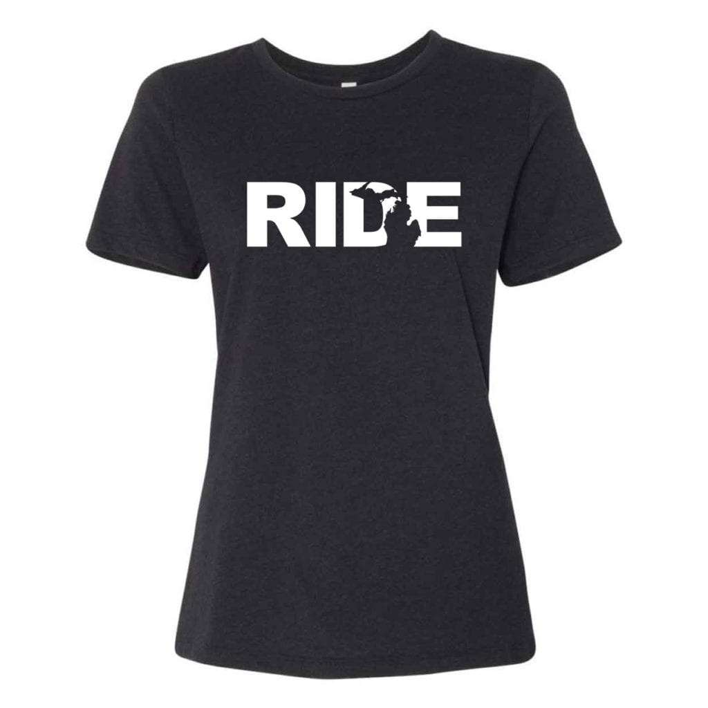 Ride Michigan Classic Women's Relaxed Jersey T-Shirt Black Heather (White Logo)