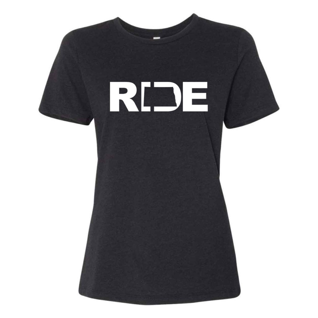 Ride North Dakota Classic Women's Relaxed Jersey T-Shirt Black Heather (White Logo)
