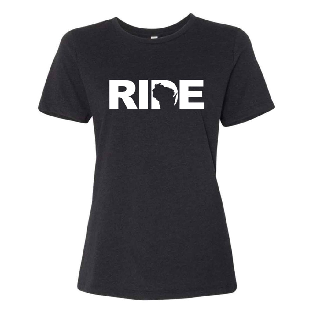 Ride Wisconsin Classic Women's Relaxed Jersey T-Shirt Black Heather (White Logo)