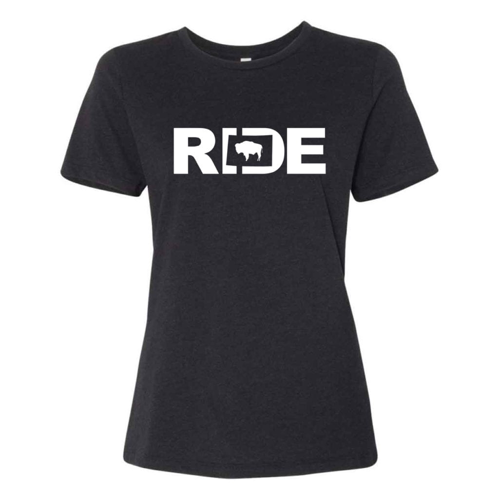 Ride Wyoming Classic Women's Relaxed Jersey T-Shirt Black Heather (White Logo)