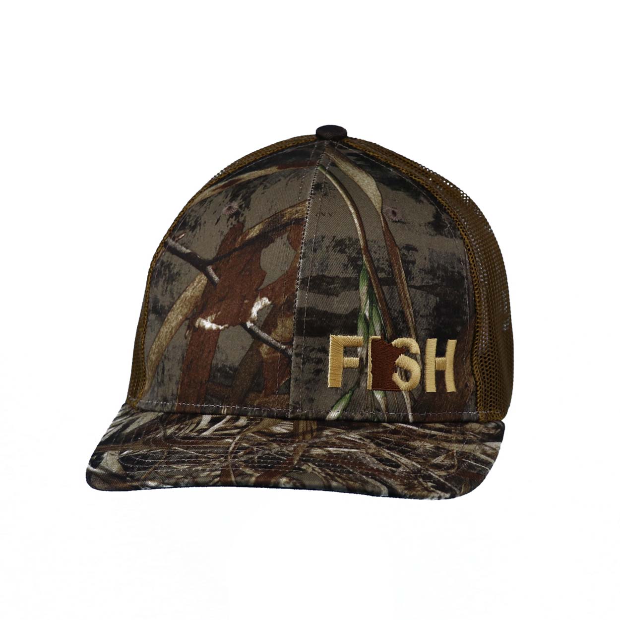 Fish Minnesota Night Out Embroidered Snapback Trucker Hat Realtree Camo/Gold