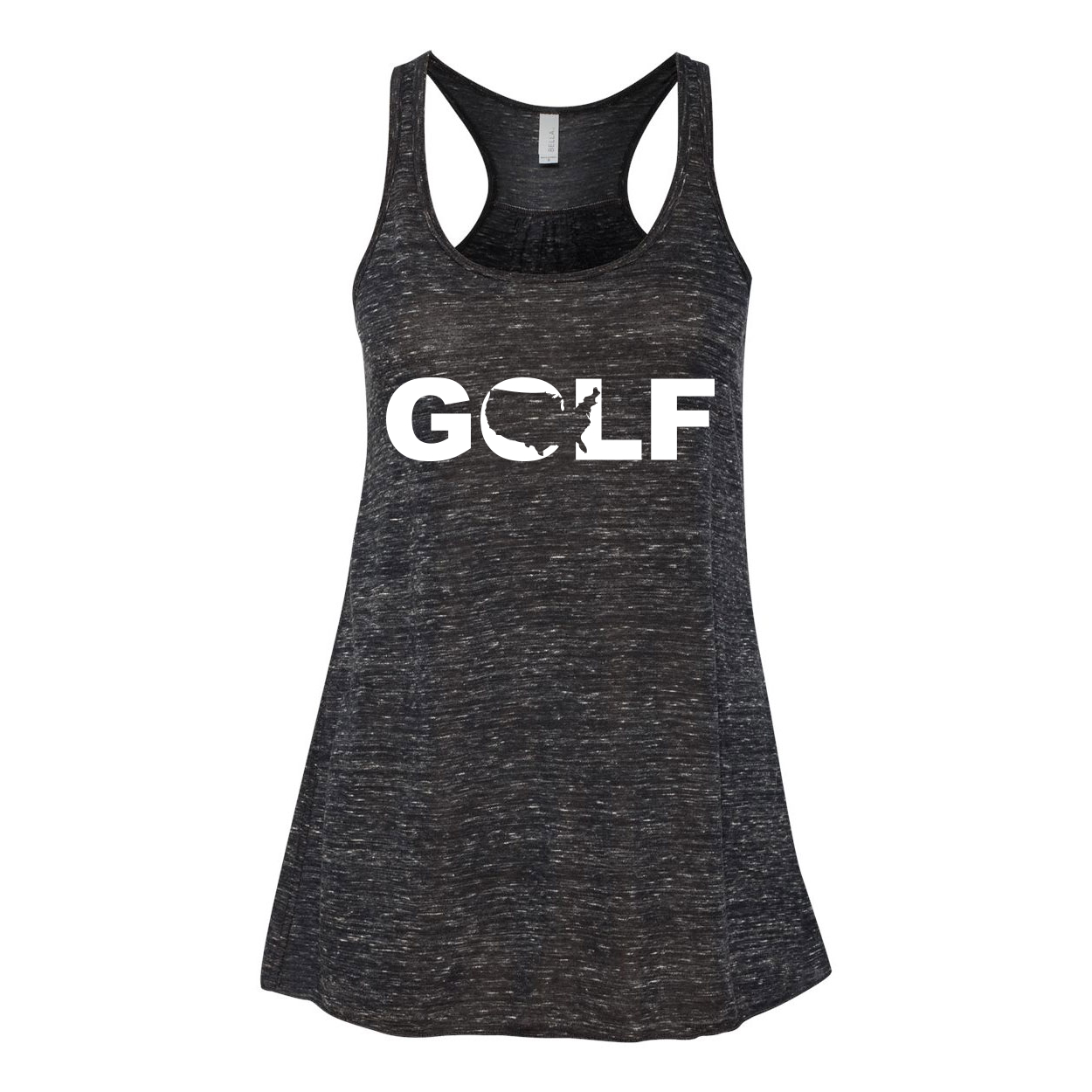 Golf United States Classic Women's Flowy Racerback Tank Top Black Marble (White Logo)