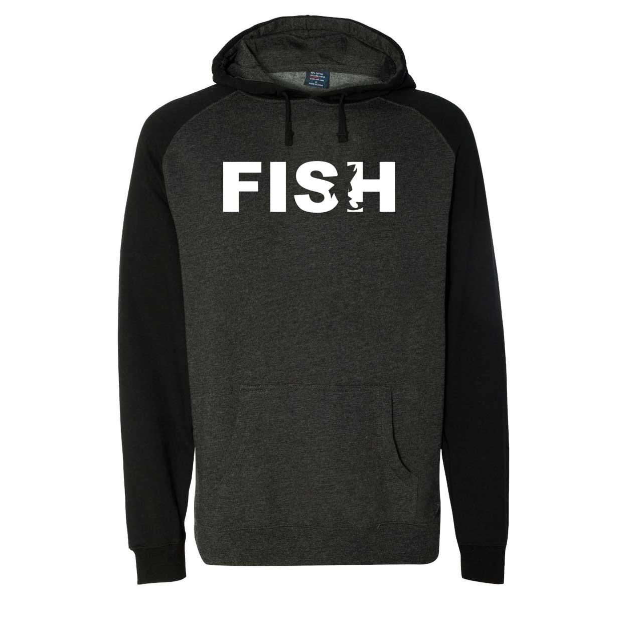 Fish Catch Logo Classic Raglan Hooded Pullover Sweatshirt Charcoal/Heather Black (White Logo)