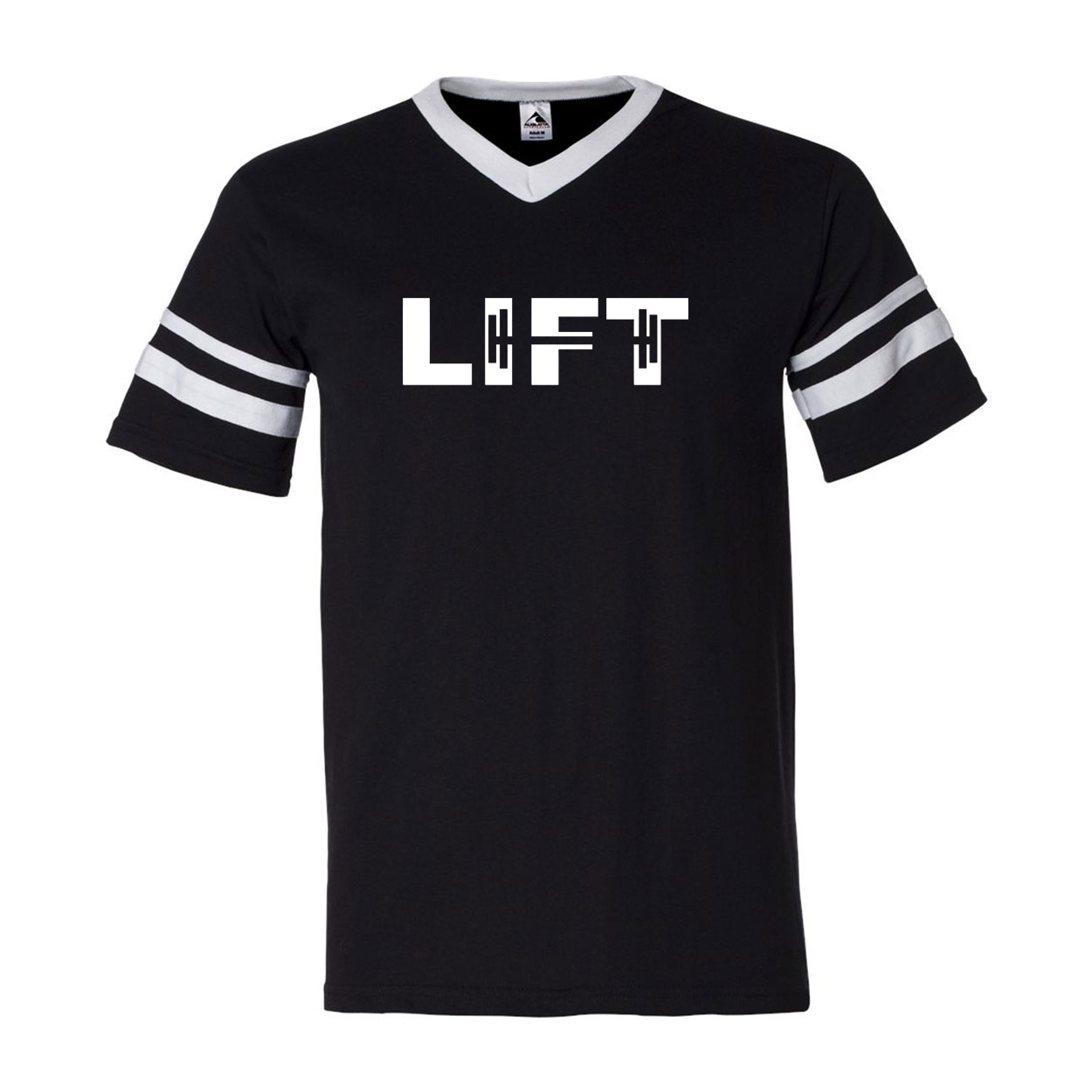 Lift Barbell Logo Classic Premium Striped Jersey T-Shirt Black/White (White Logo)