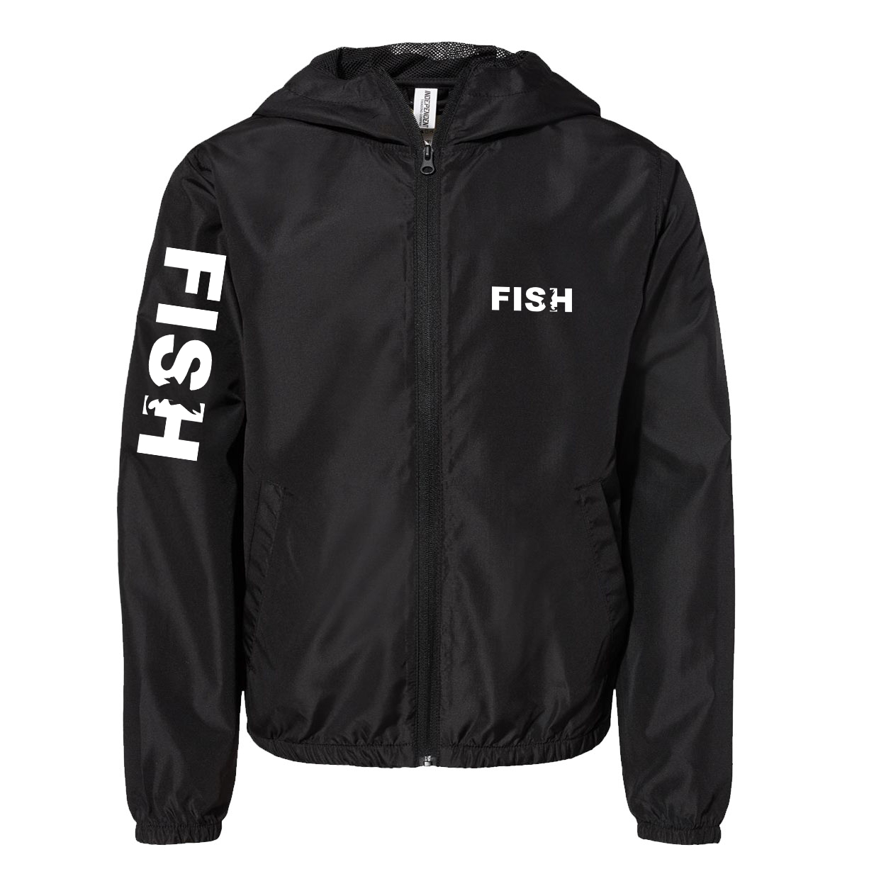 Fish Catch Logo Classic Youth Lightweight Windbreaker Black (White Logo)