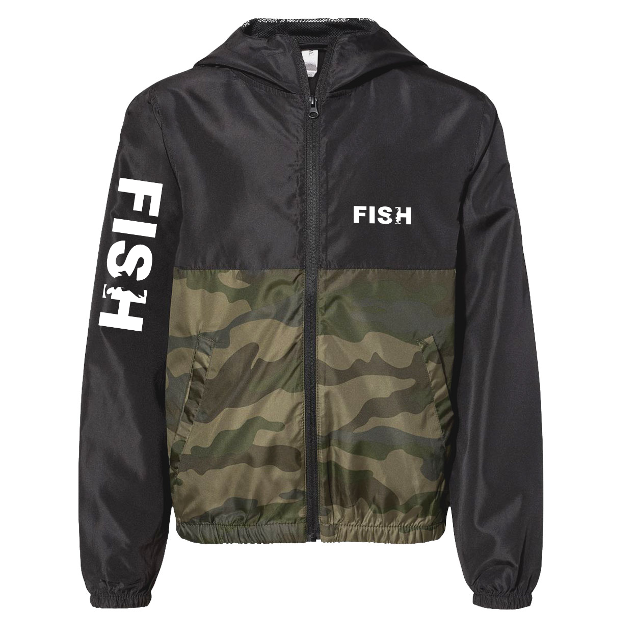 Fish Catch Logo Classic Youth Lightweight Windbreaker Black/Forest Camo (White Logo)