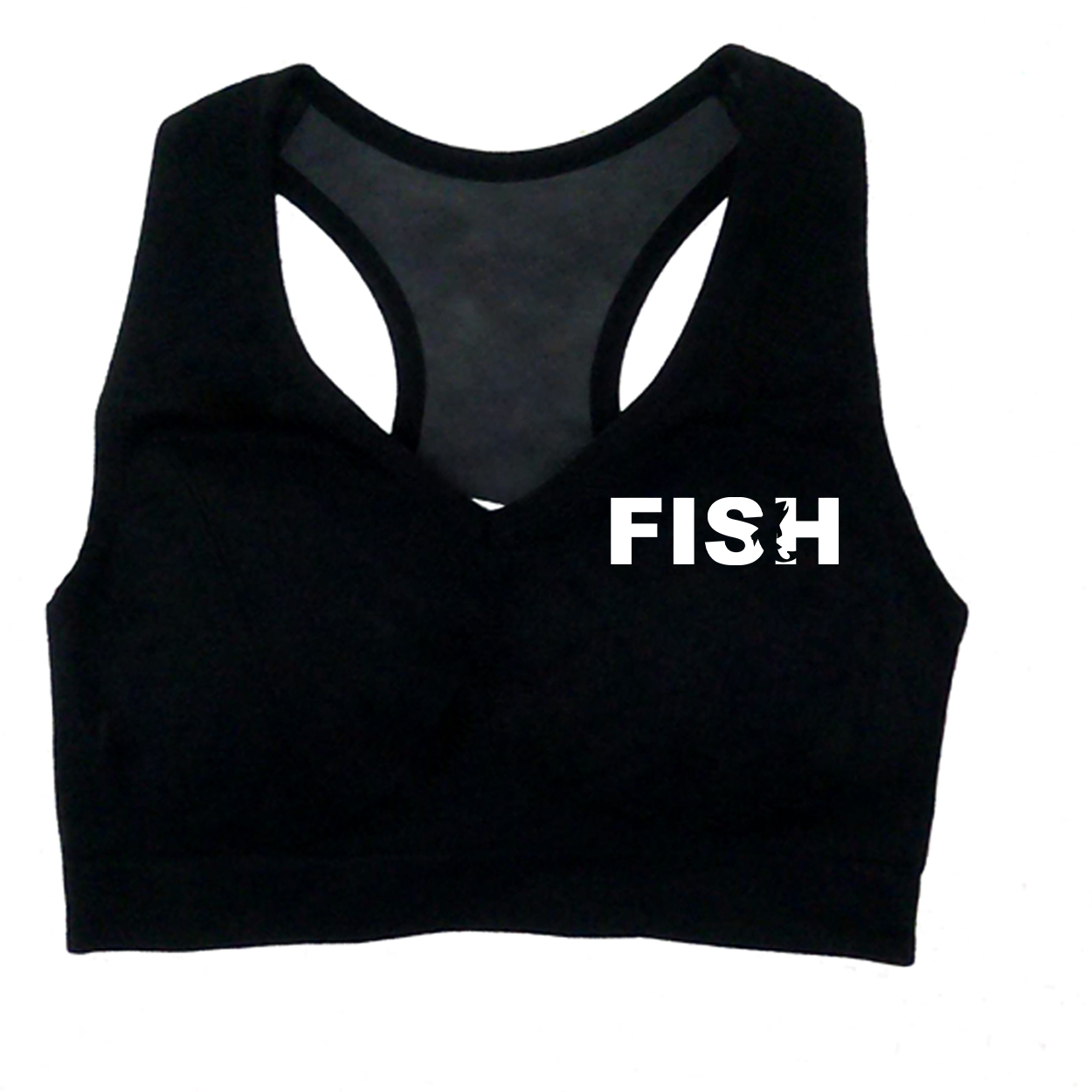 Fish Catch Logo Classic Womens Sports Bra Black (White Logo)