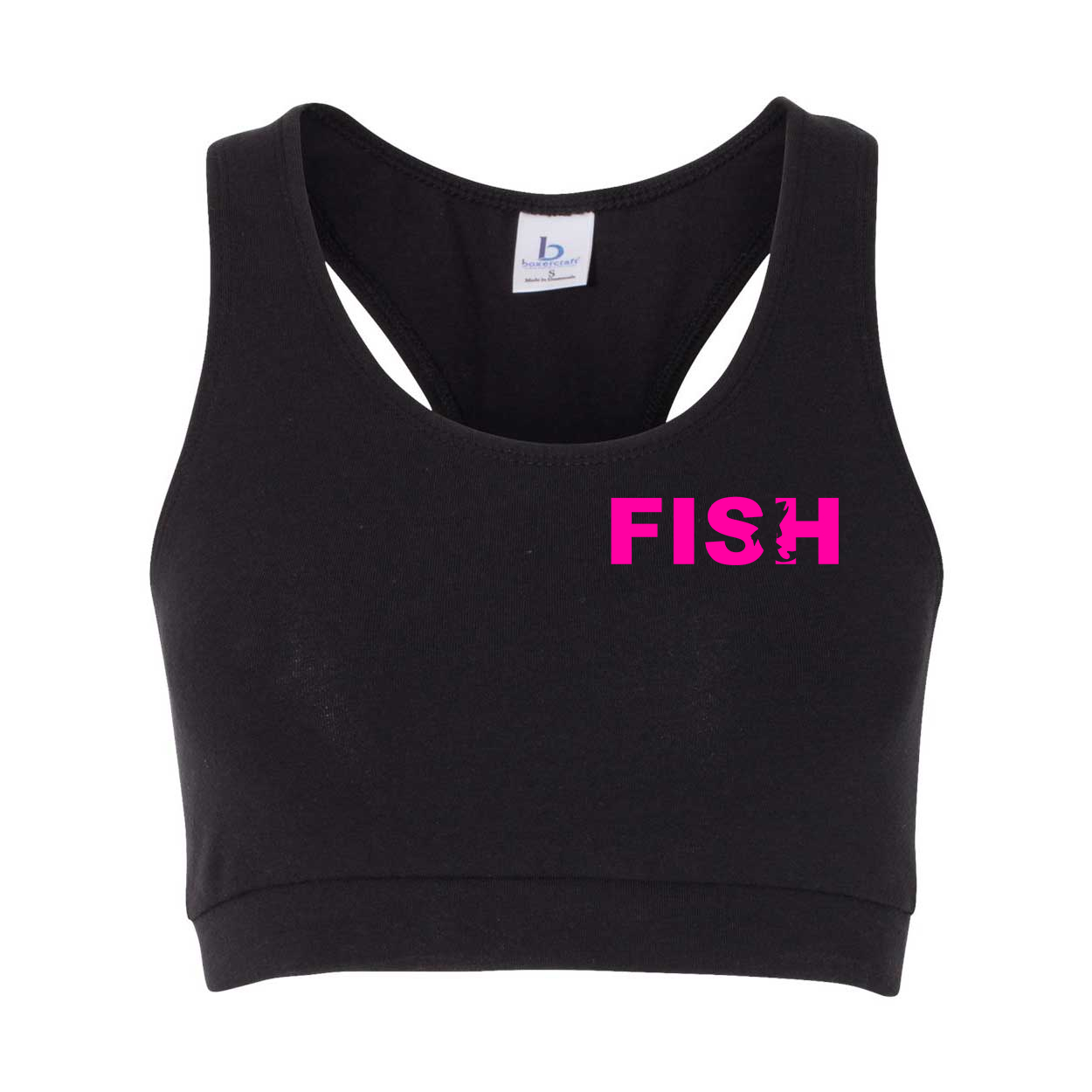 Fish Catch Logo Classic Womens Sports Bra Black (Pink Logo)