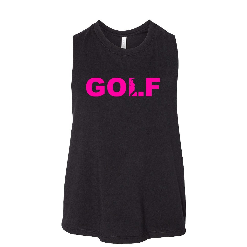 Golf Swing Logo Classic Womens Flowy Semi Cropped Tank Black (Pink Logo)