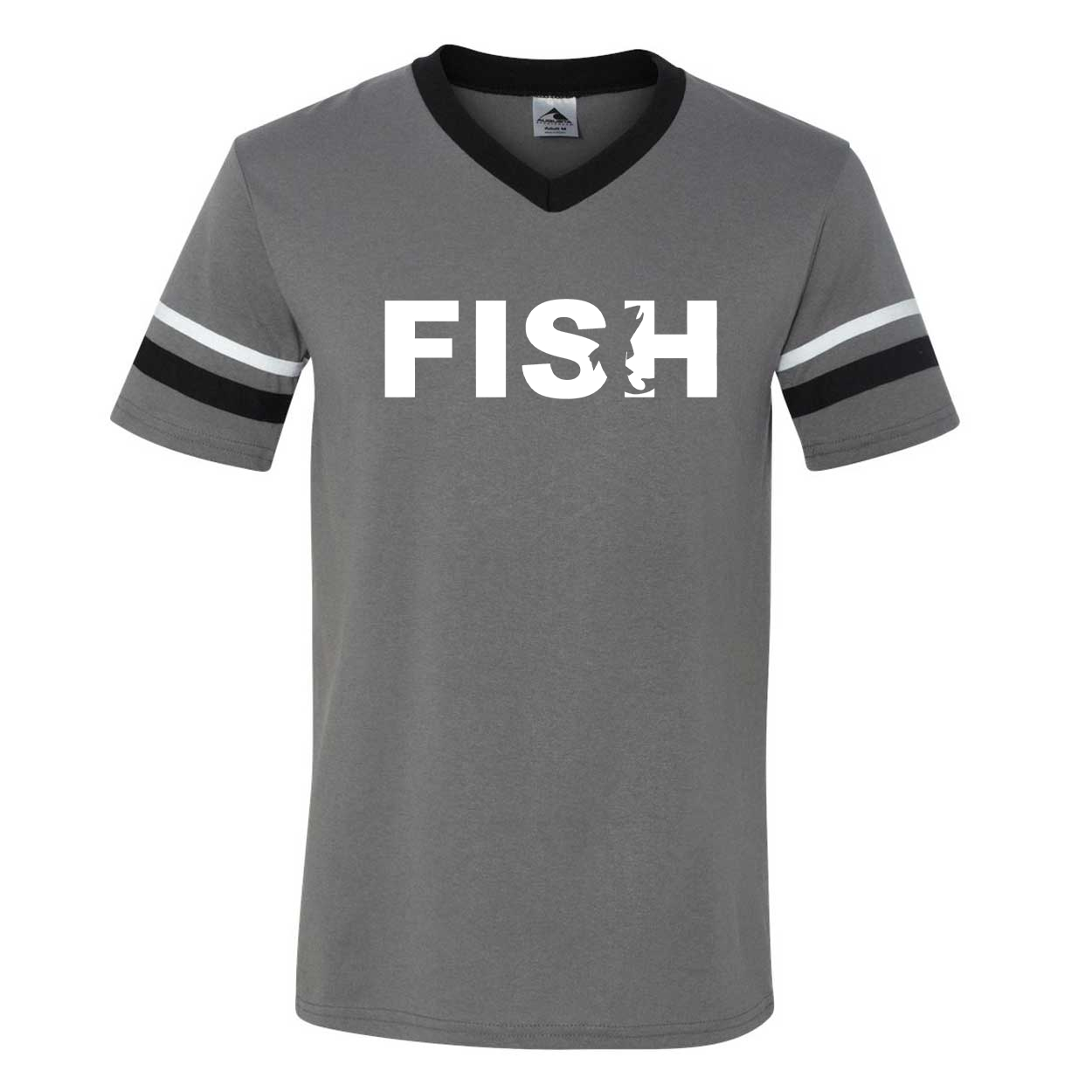 Fish Catch Logo Classic Premium Striped Jersey T-Shirt Graphite/Black/White (White Logo)