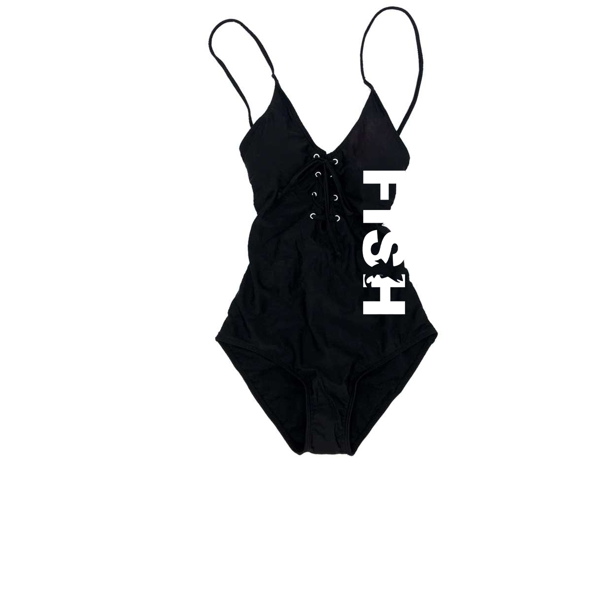 Fish Catch Logo Classic Womens Padded Grommet Lace Up One-Piece Swimsuit Black (White Logo)