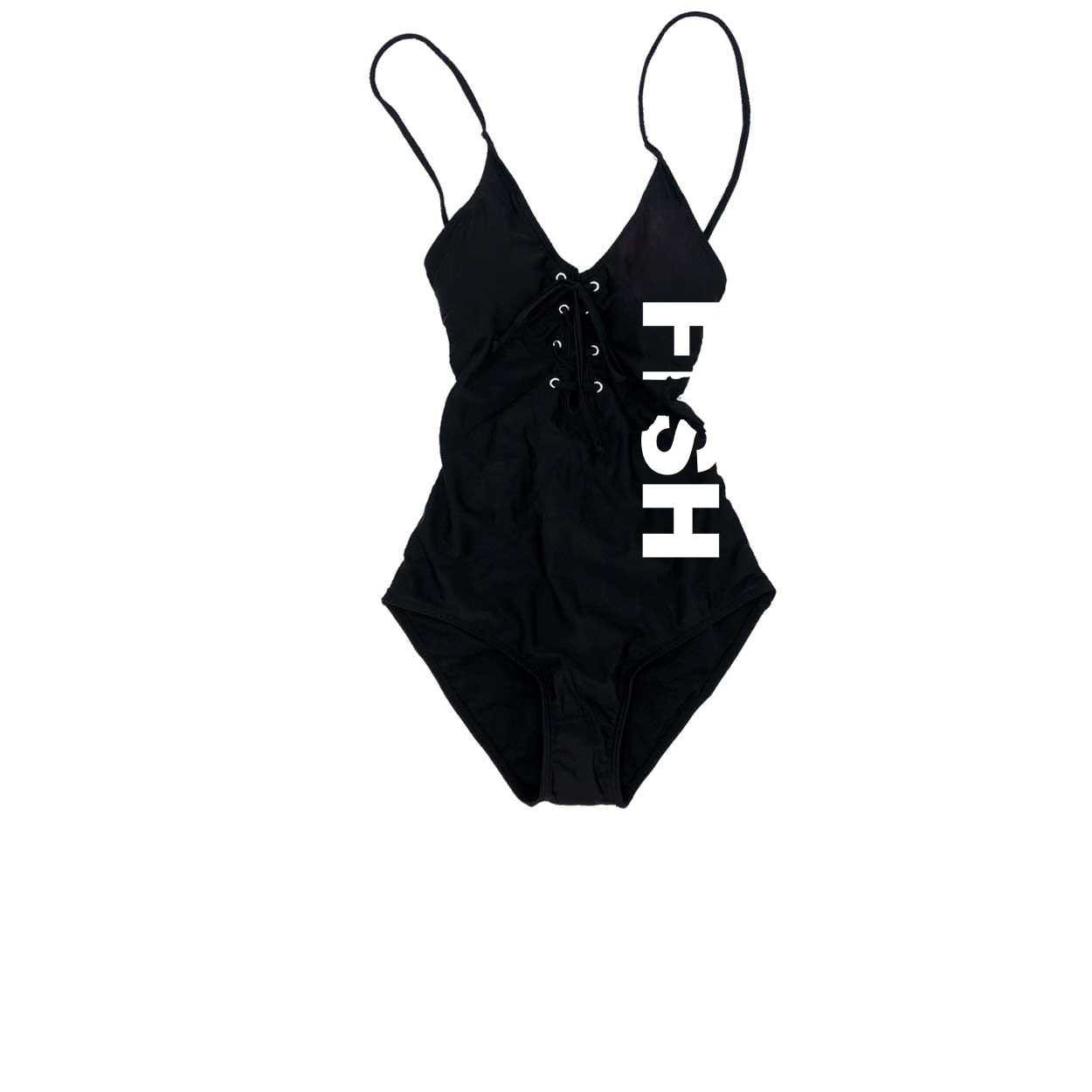Fish Minnesota Classic Womens Padded Grommet Lace Up One-Piece Swimsuit Black (White Logo)