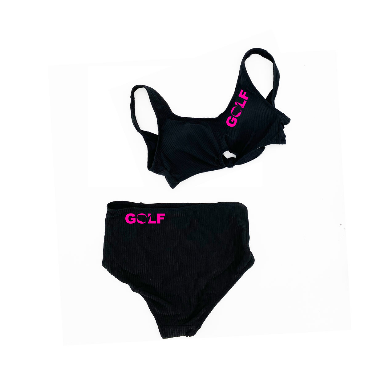 Golf United States Classic Womens Padded Cropped Knot Ribbed Two-Piece Swimsuit Black (Pink Logo)