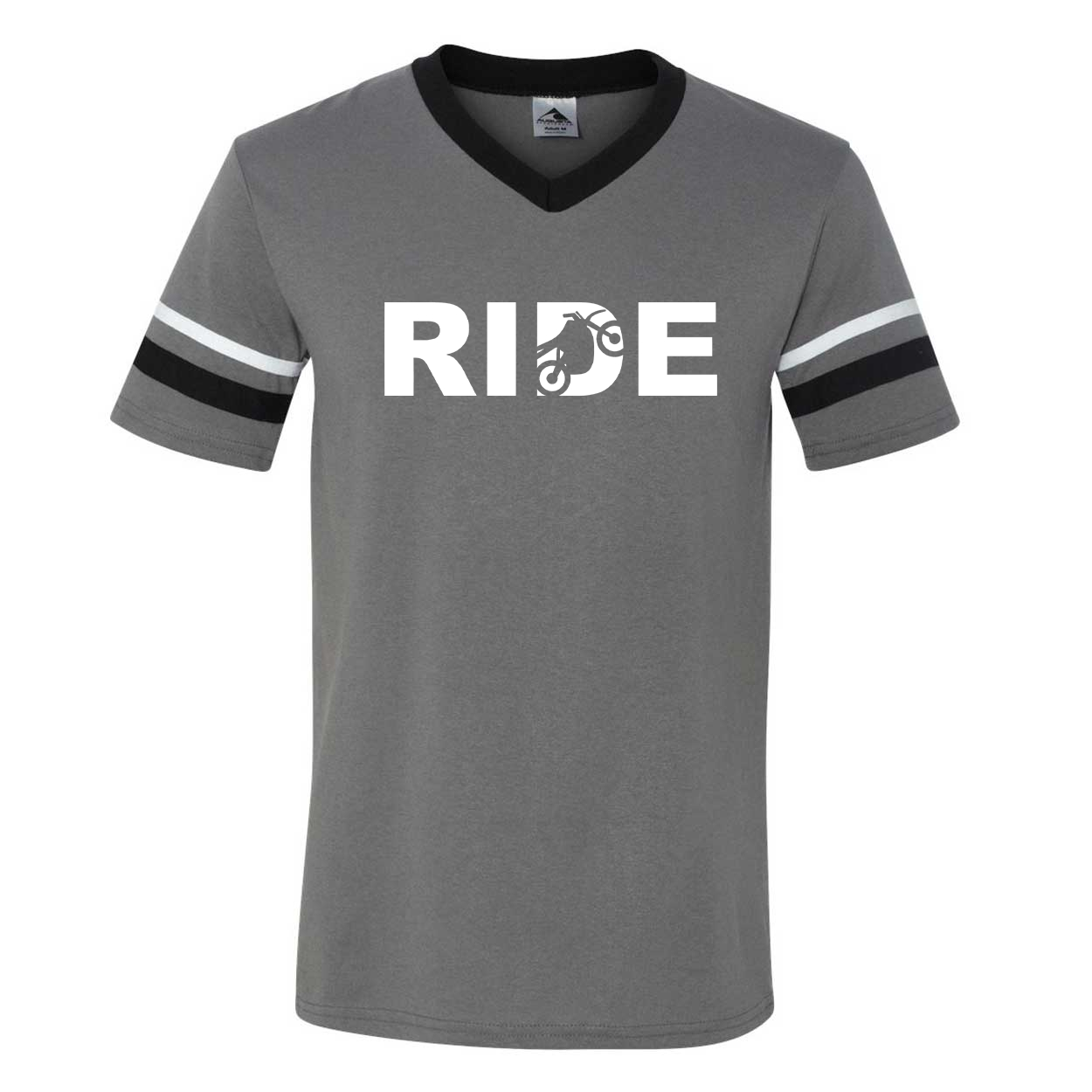 Ride Moto Logo Classic Premium Striped Jersey T-Shirt Graphite/Black/White (White Logo)
