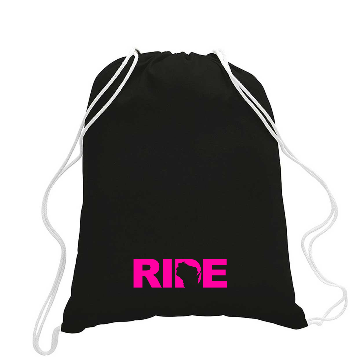Ride Wisconsin Classic Drawstring Sport Pack Bag/Cinch Sack Black (Pink Logo)