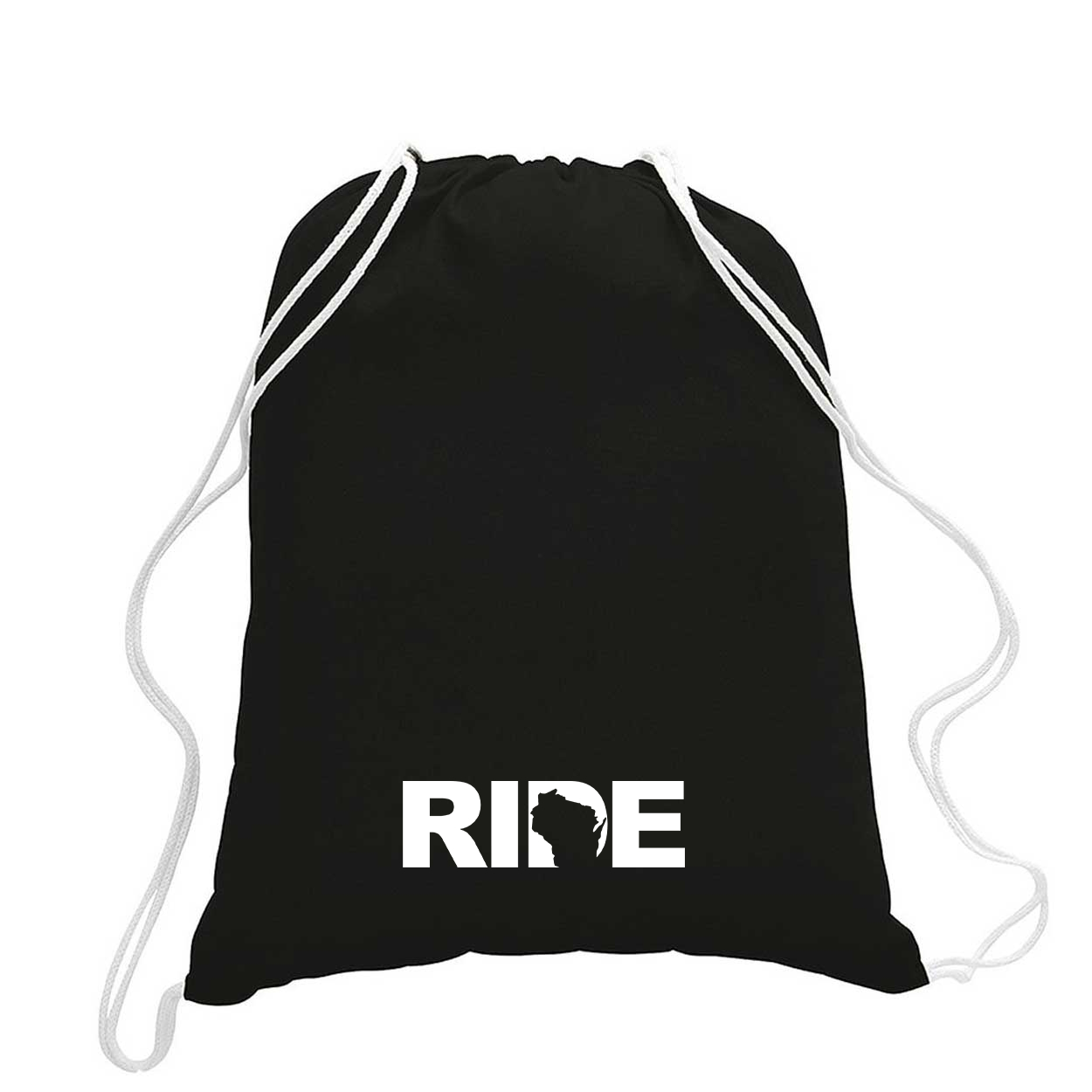 Ride Wisconsin Classic Drawstring Sport Pack Bag/Cinch Sack Black (White Logo)