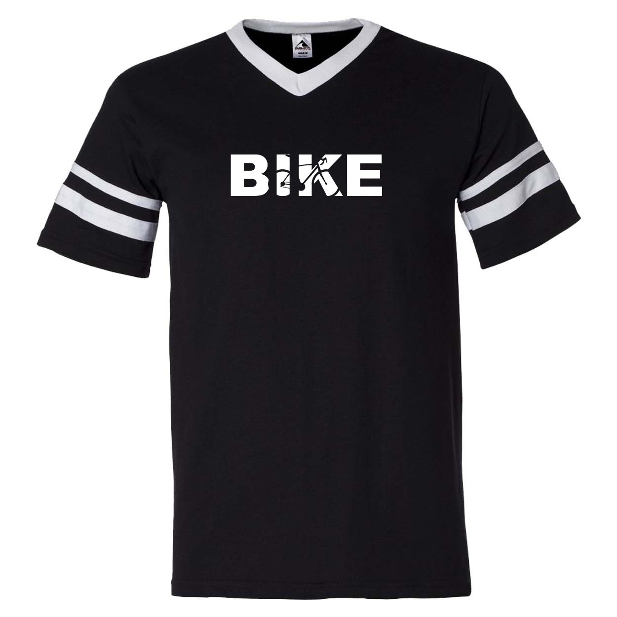 Bike Cycling Logo Classic Premium Striped Jersey T-Shirt Black/White (White Logo)