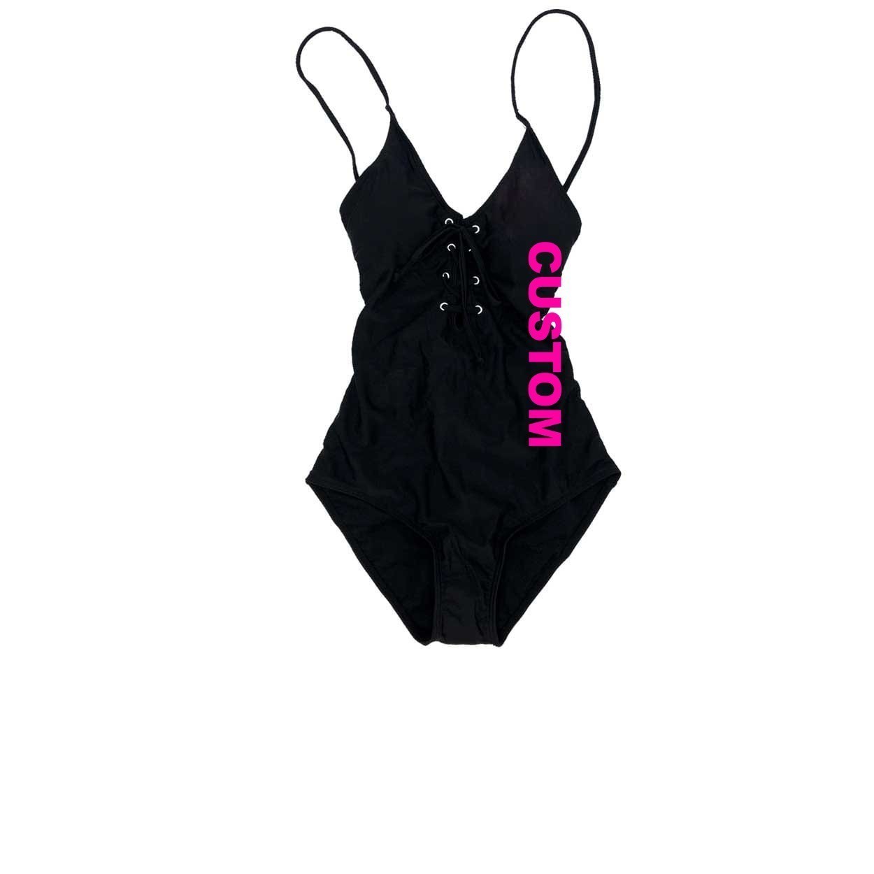 Custom Life Brand Logo Classic Womens Padded Grommet Lace Up One-Piece Swimsuit Black (Pink Logo)