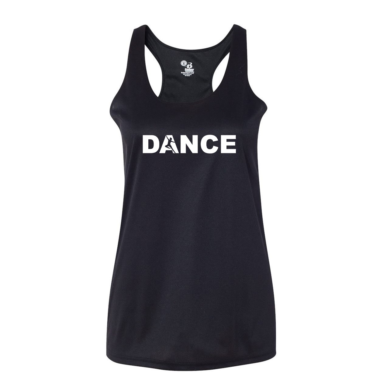 Dance Silhouette Logo Classic Womens Performance Racerback Tank Top Black (White Logo)