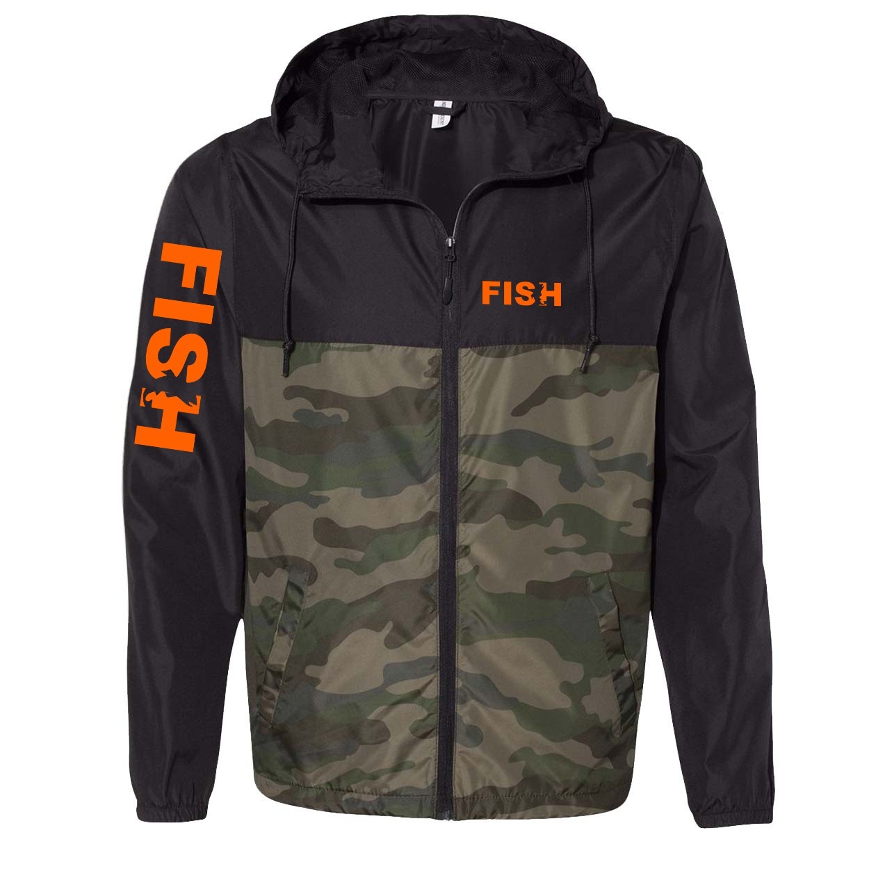 Fish Catch Logo Classic Lightweight Windbreaker Black/Forest Camo (Orange Logo)