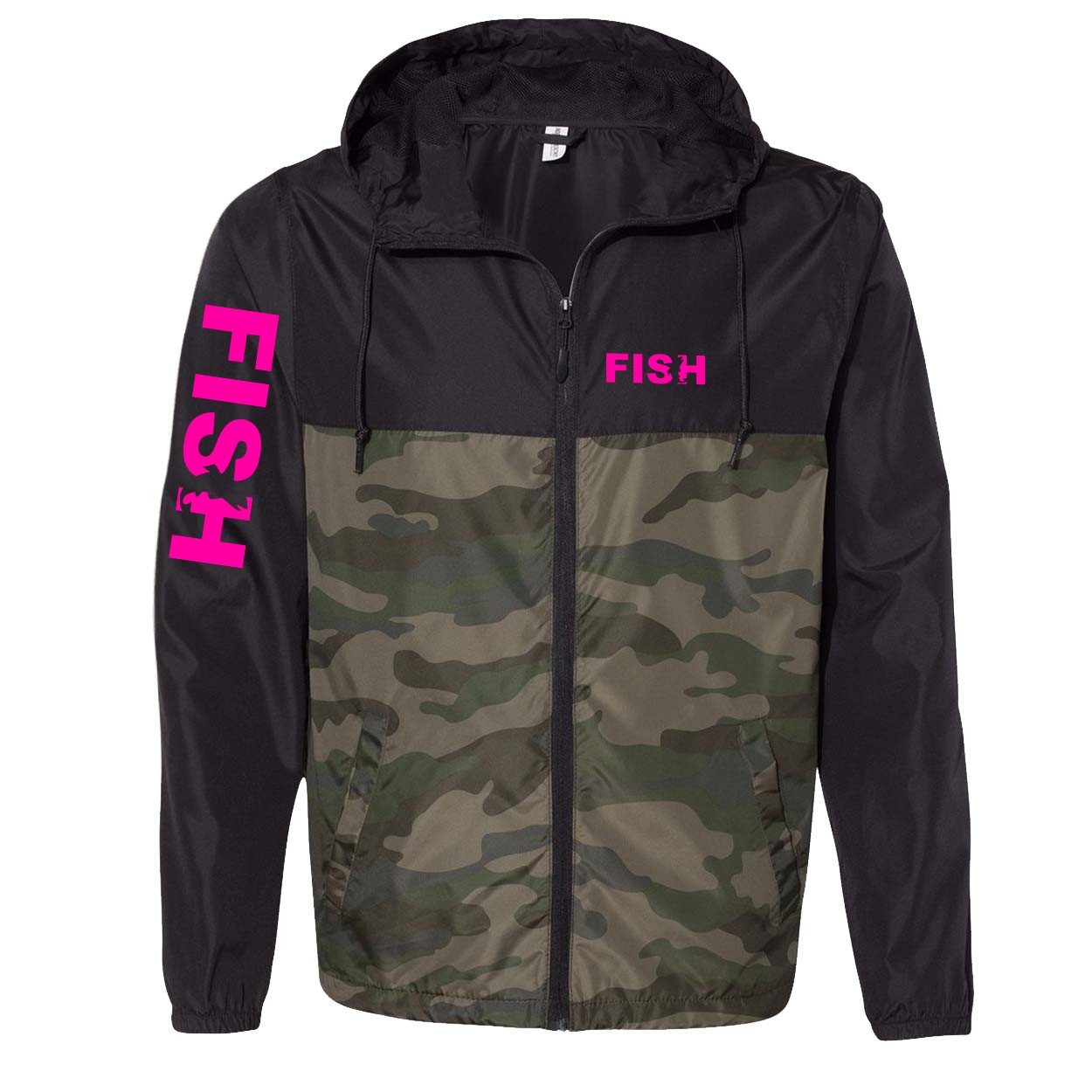 Fish Catch Logo Classic Lightweight Windbreaker Black/Forest Camo (Pink Logo)