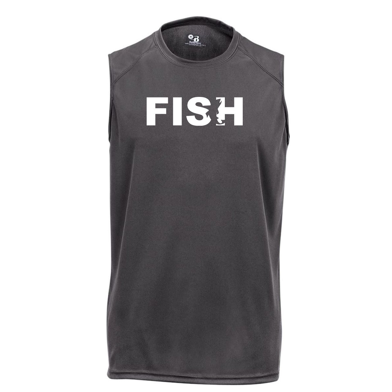 Fish Catch Logo Classic Unisex Performance Sleeveless T-Shirt Graphite Gray (White Logo)