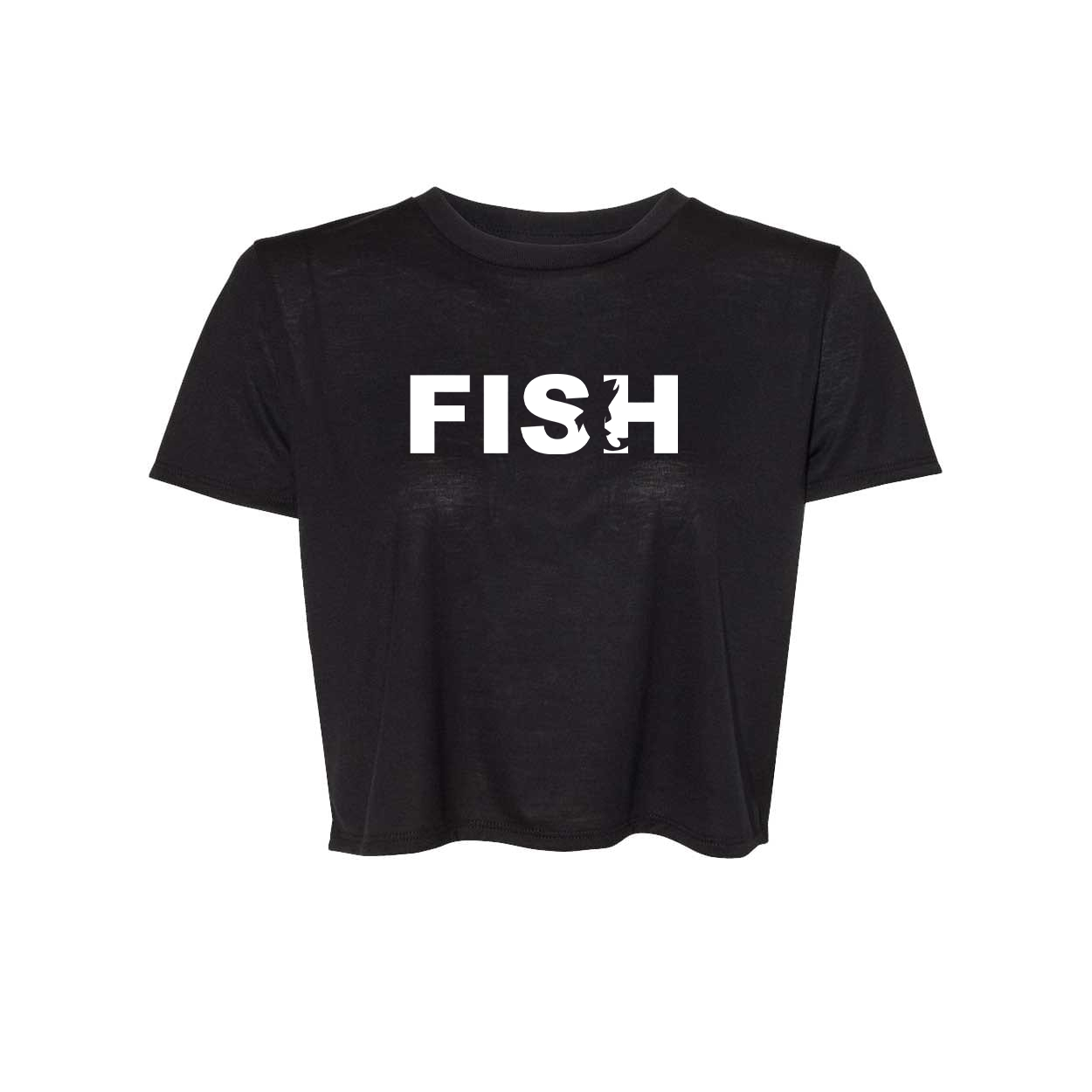Fish Catch Logo Classic Womens Flowy Cropped Tee Black (White Logo)