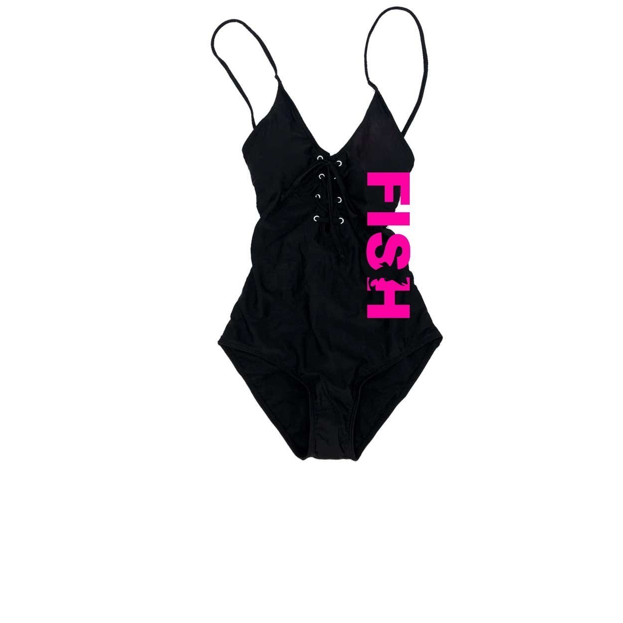 Fish Catch Logo Classic Womens Padded Grommet Lace Up One-Piece Swimsuit Black (Pink Logo)