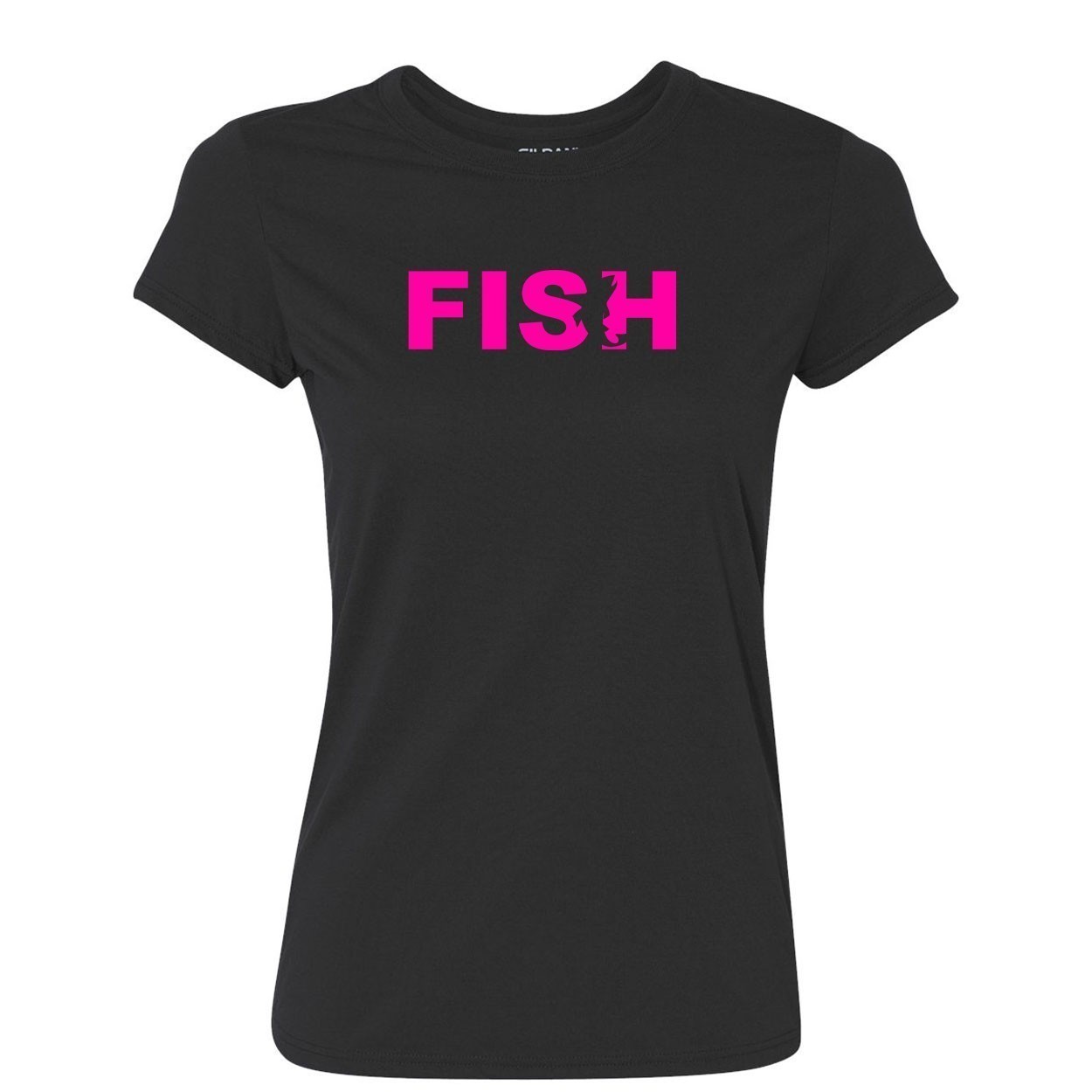 Fish Catch Logo Classic Womens Performance T-Shirt Black (Pink Logo)