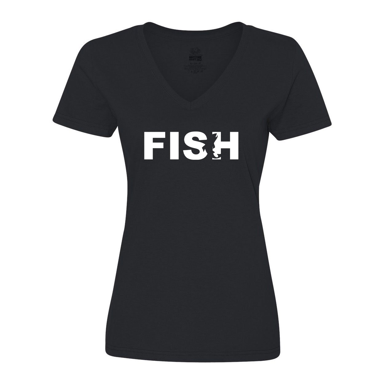 Fish Catch Logo Classic Womens V-Neck Shirt Black (White Logo)